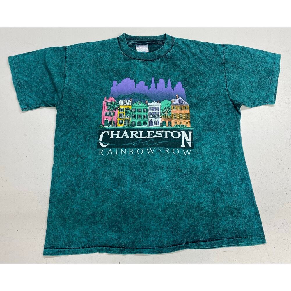 VTG 90s Oneita Power-T USA Charleston "Rainbow Row" acid wash graphic t-shirt XL